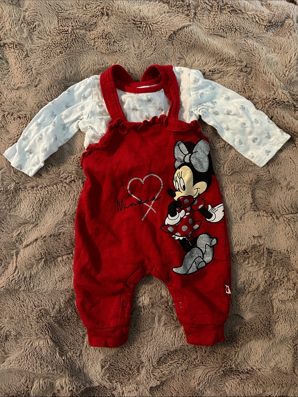 Minnie Mouse Overall set w/ Long-Sleeve Top w/ sparkle Minnie ears, 0-3 months